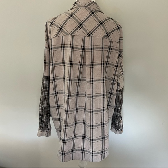 Oversized Plaid Neutral Mixed Pattern Button Down Patchwork Shirt - Picture 7 of 9